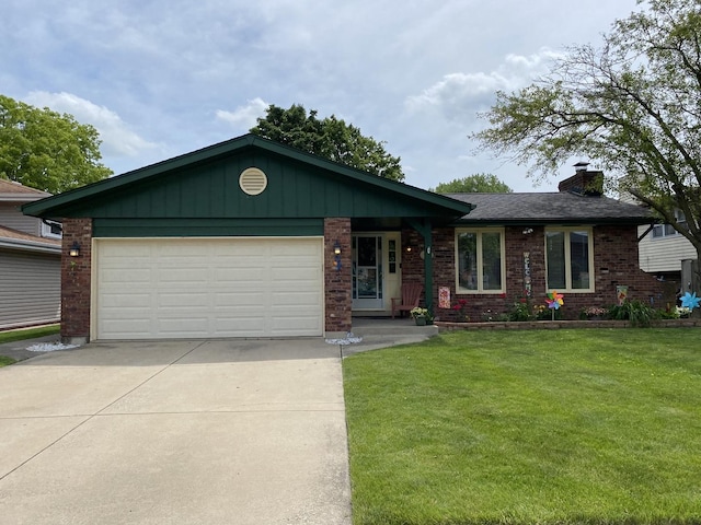 ranch-style home featuring brick siding, a front lawn, a chimney, a garage, and driveway