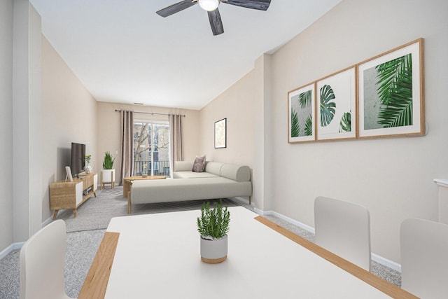 bedroom featuring carpet floors, ceiling fan, and baseboards