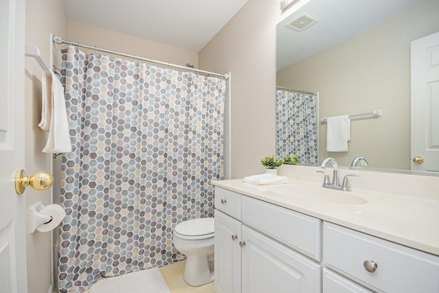 full bathroom with visible vents, vanity, toilet, and tile patterned floors