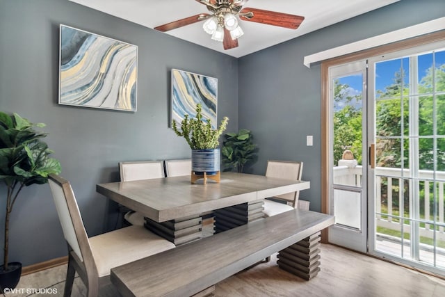 dining room with light wood finished floors and a ceiling fan