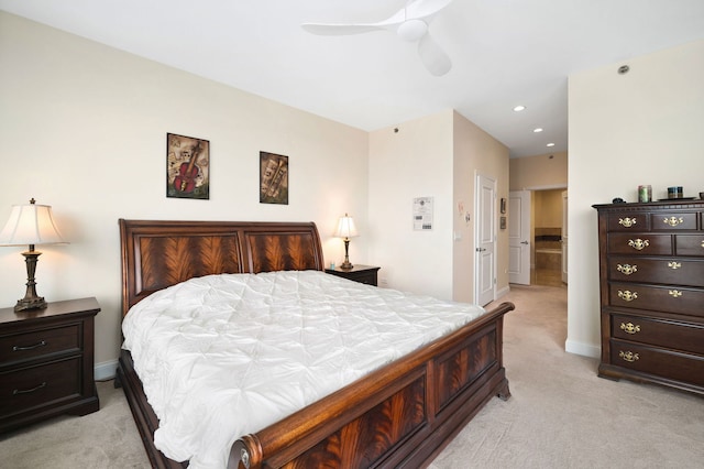 bedroom featuring light carpet, recessed lighting, a ceiling fan, and baseboards