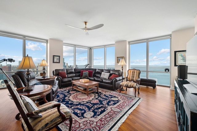 living area featuring wood finished floors, a ceiling fan, and expansive windows