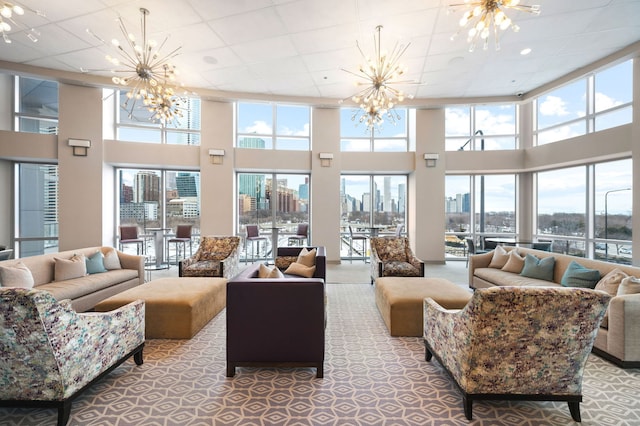 building lobby with a view of city