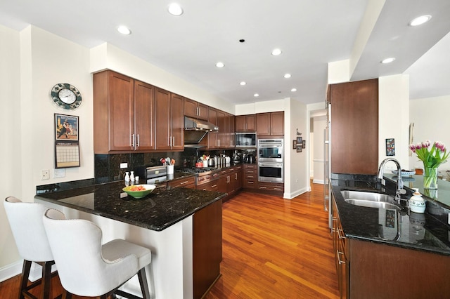 kitchen with a peninsula, dark stone counters, stainless steel appliances, a sink, and backsplash