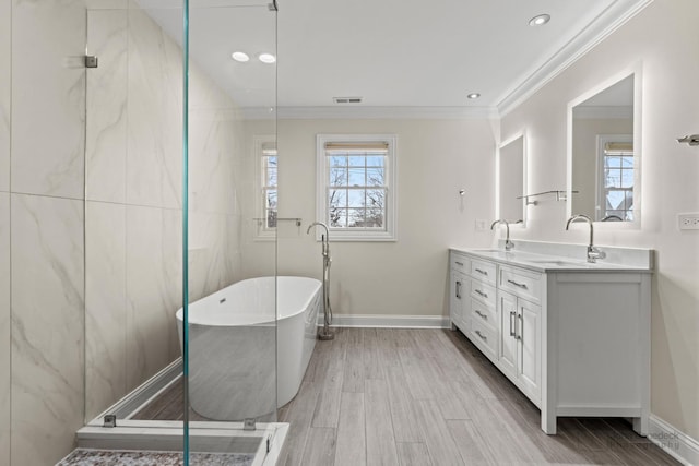 full bathroom featuring double vanity, a freestanding tub, a sink, and a healthy amount of sunlight