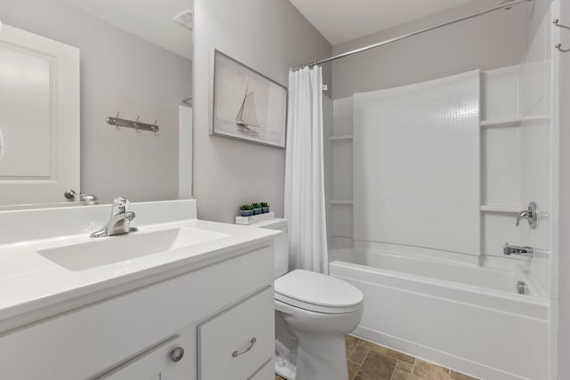 full bath featuring vanity, toilet, and shower / bath combo with shower curtain