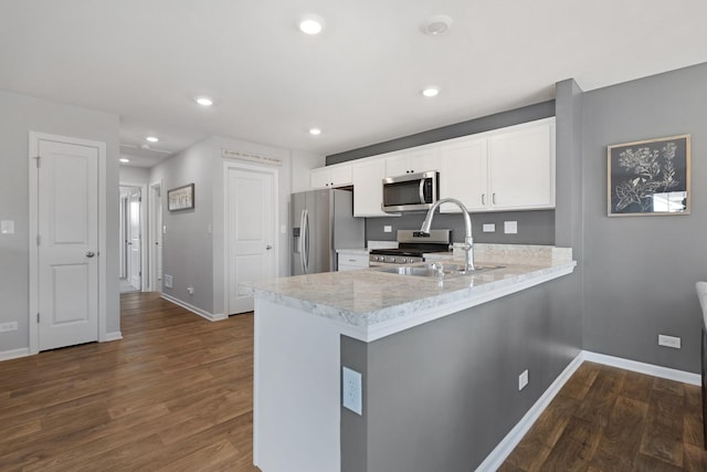 kitchen with a sink, appliances with stainless steel finishes, recessed lighting, and dark wood-style flooring