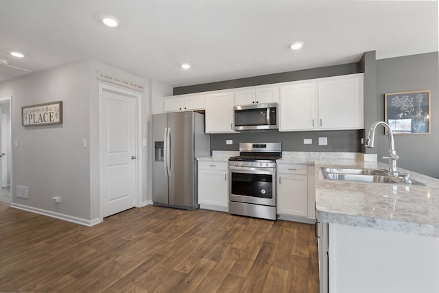 kitchen with white cabinetry, dark wood-type flooring, appliances with stainless steel finishes, and a sink