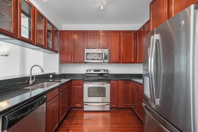 kitchen featuring appliances with stainless steel finishes, dark wood-type flooring, glass insert cabinets, a sink, and dark brown cabinets