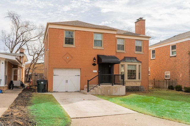 view of front of home featuring a garage, brick siding, fence, concrete driveway, and a chimney