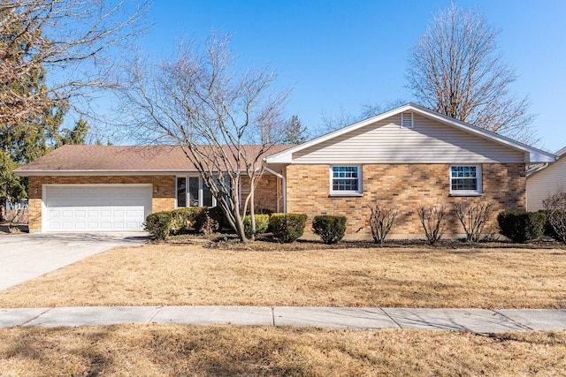 ranch-style house with a garage, driveway, brick siding, and a front lawn