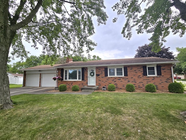 ranch-style house featuring driveway, brick siding, a chimney, and an attached garage