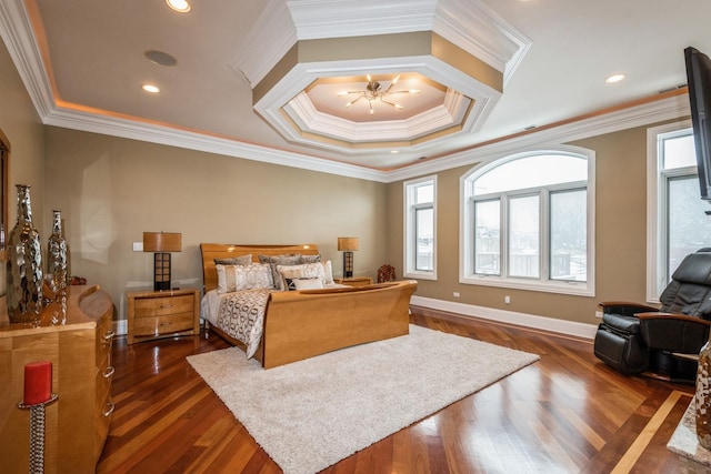 bedroom with recessed lighting, multiple windows, dark wood-type flooring, and baseboards