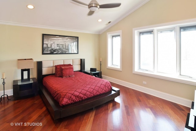 bedroom featuring baseboards, recessed lighting, dark wood-style flooring, ornamental molding, and vaulted ceiling