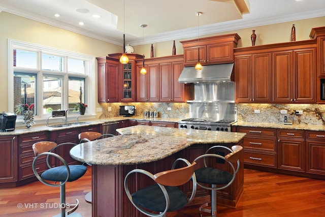 kitchen with a sink, crown molding, extractor fan, a breakfast bar area, and range