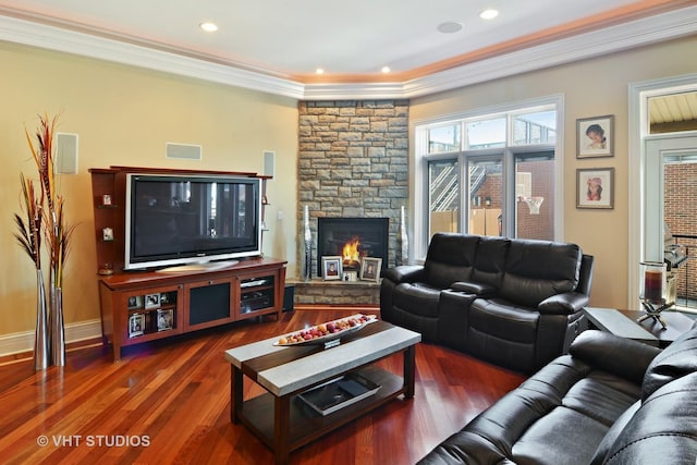 living room with plenty of natural light, a stone fireplace, crown molding, and wood finished floors