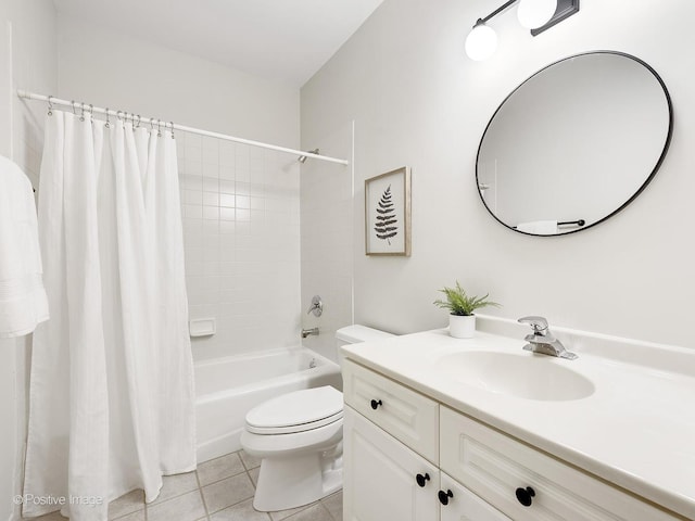 bathroom featuring toilet, vanity, shower / bath combination with curtain, and tile patterned floors