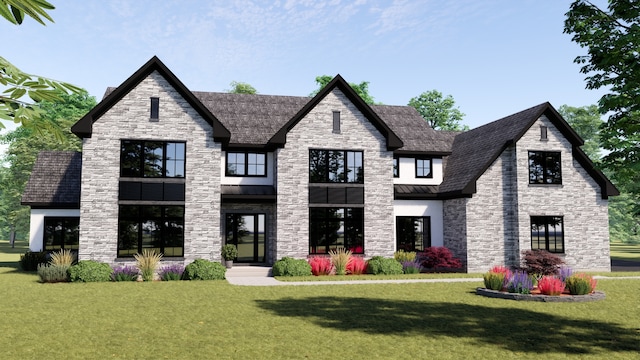 exterior space featuring a shingled roof, a front yard, and stone siding