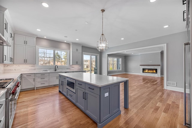 kitchen with light countertops, appliances with stainless steel finishes, light wood-type flooring, and gray cabinetry