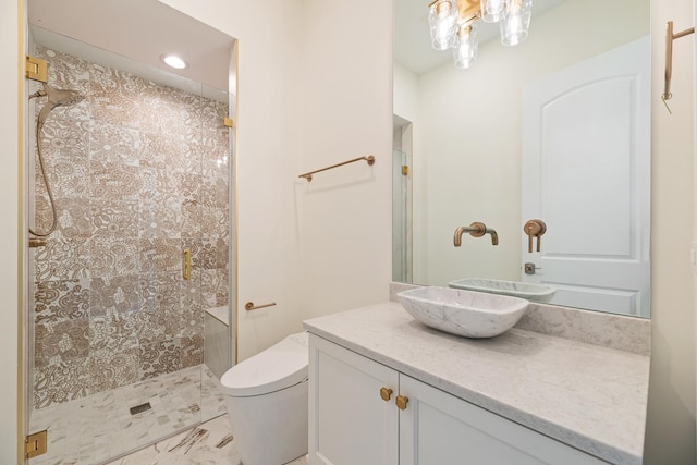 full bathroom with toilet, a stall shower, recessed lighting, and vanity