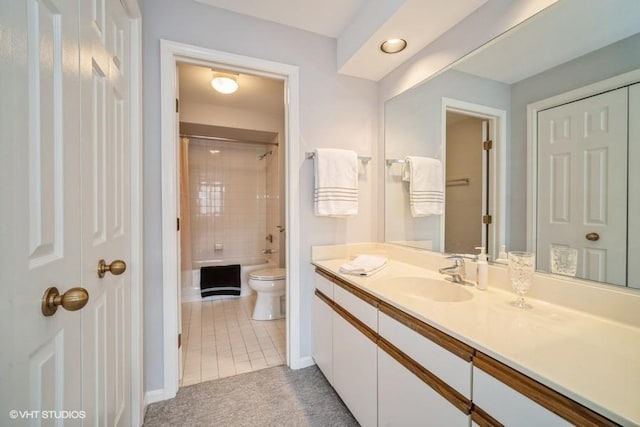 bathroom featuring toilet, tub / shower combination, a closet, and vanity