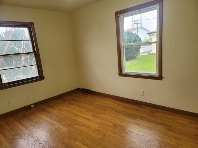 spare room with a wealth of natural light, baseboards, and light wood finished floors