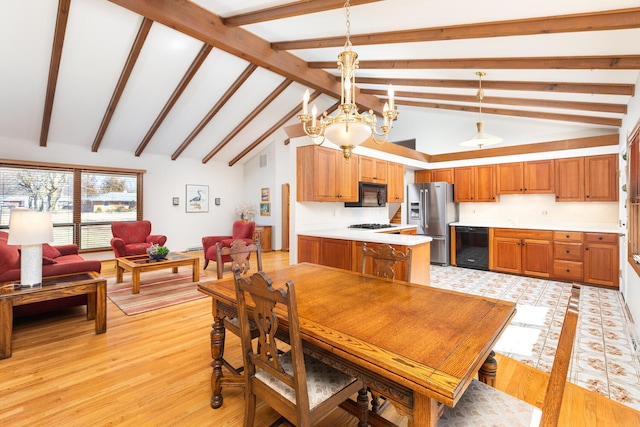 dining room with an inviting chandelier, light wood-style flooring, beamed ceiling, and high vaulted ceiling