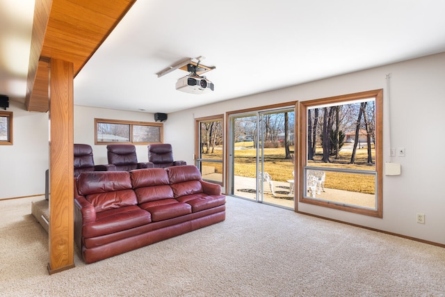 carpeted living room with baseboards and a healthy amount of sunlight