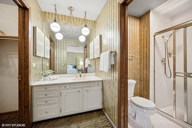 bathroom featuring wallpapered walls, ensuite bath, toilet, and a shower stall