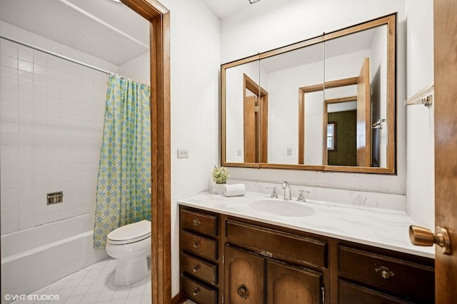 bathroom with vanity, tile patterned floors, toilet, and shower / bathtub combination with curtain