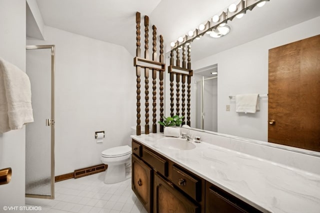 full bath with tile patterned floors, visible vents, toilet, a shower stall, and vanity