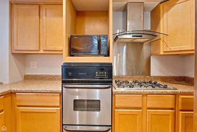 1652 W Jarvis Ave, Chicago, IL 60626 - kitchen featuring wall chimney range hood, a warming drawer, appliances with stainless steel finishes, light countertops, and light brown cabinets