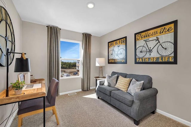 living room with carpet, visible vents, and baseboards