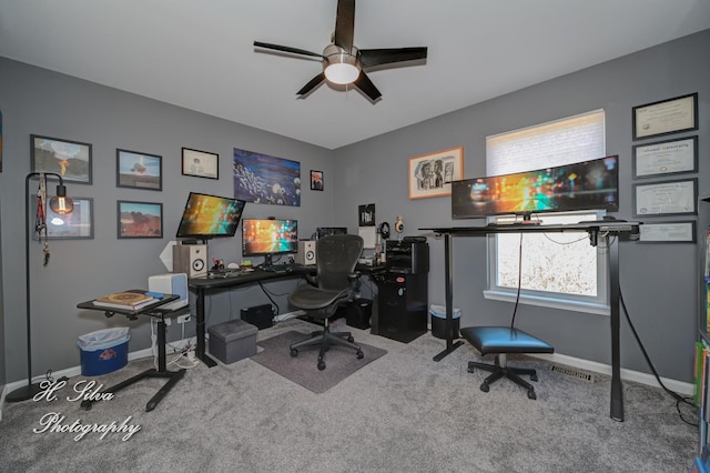 office with carpet, baseboards, and ceiling fan