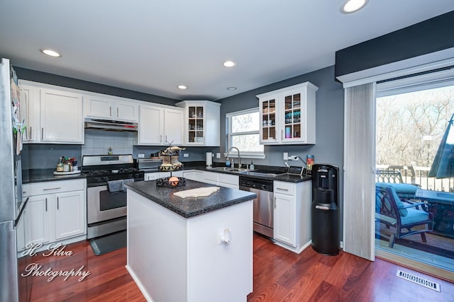 kitchen featuring visible vents, under cabinet range hood, a sink, stainless steel appliances, and dark wood-style flooring