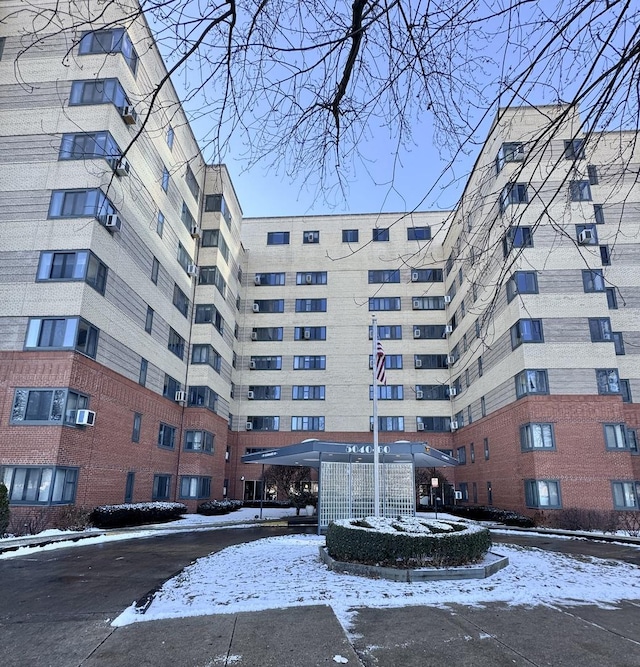 view of snow covered building