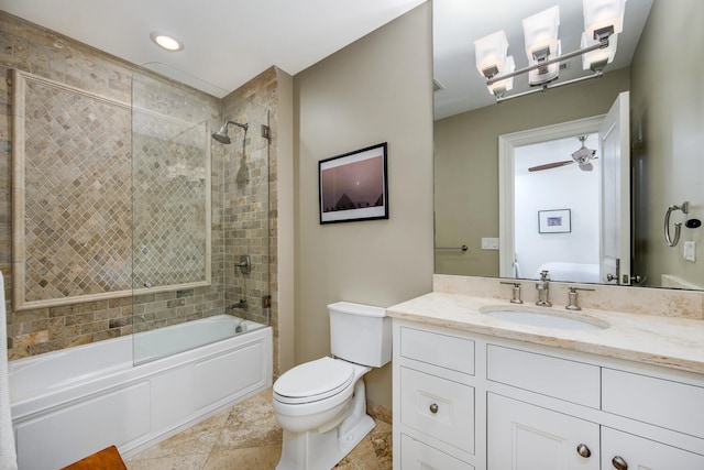 full bath featuring recessed lighting, combined bath / shower with glass door, vanity, and toilet