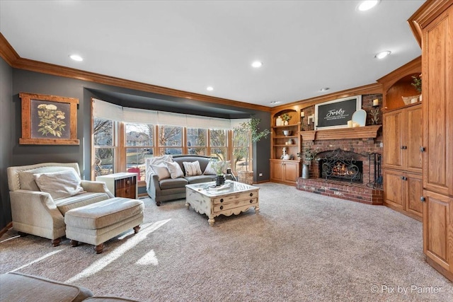 living room featuring carpet floors, recessed lighting, a brick fireplace, and crown molding