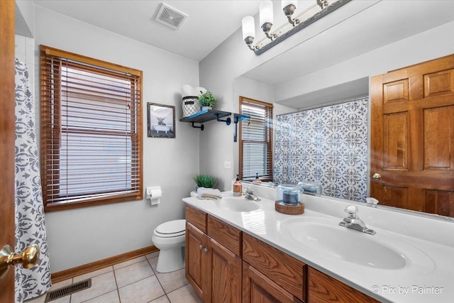 bathroom featuring toilet, tile patterned flooring, visible vents, and a sink