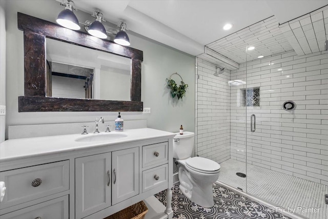 full bathroom with toilet, tile patterned flooring, vanity, a shower stall, and recessed lighting