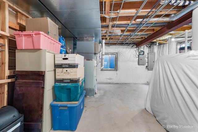 unfinished basement featuring electric panel