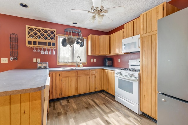 kitchen featuring light wood-style floors, white appliances, a sink, and a textured ceiling