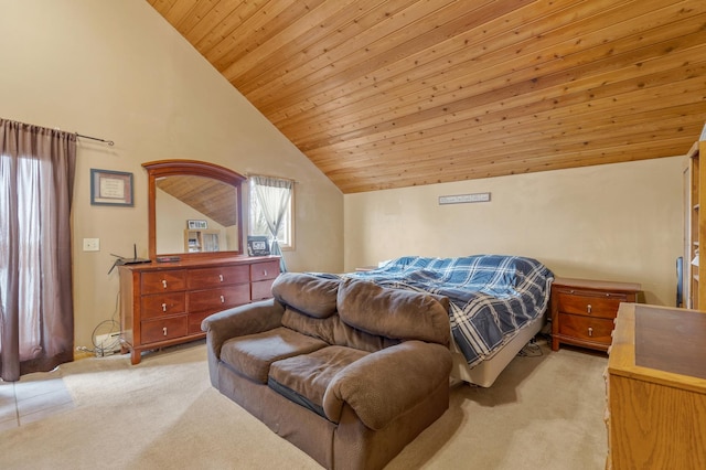 bedroom with wood ceiling, light colored carpet, and vaulted ceiling