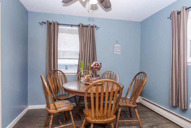 dining area featuring dark wood-type flooring, a baseboard radiator, ceiling fan, and baseboards