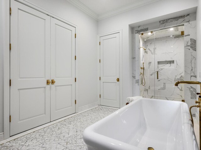 full bath with a soaking tub, baseboards, a marble finish shower, and ornamental molding