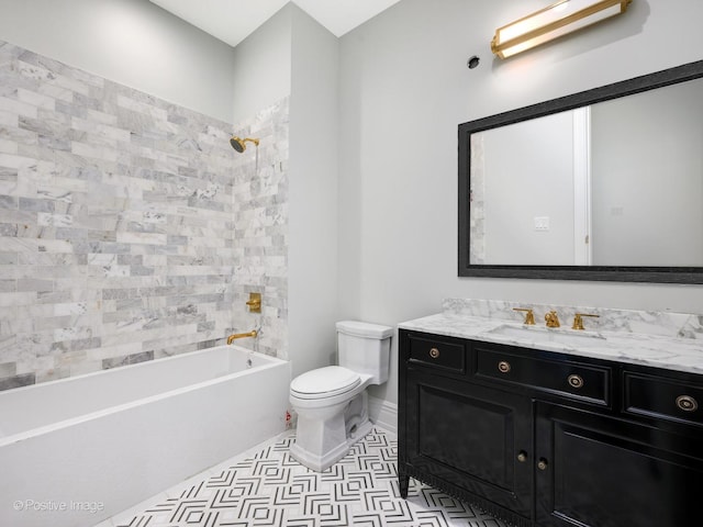 bathroom featuring toilet, shower / tub combination, and vanity