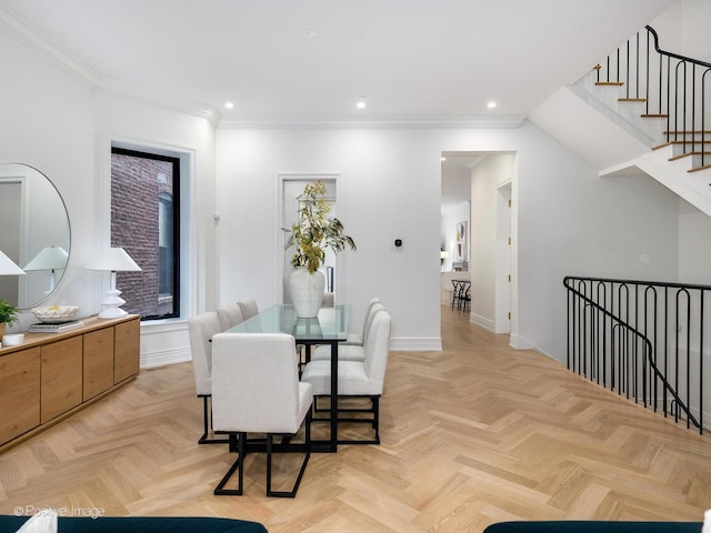 dining room with recessed lighting, crown molding, baseboards, and stairs