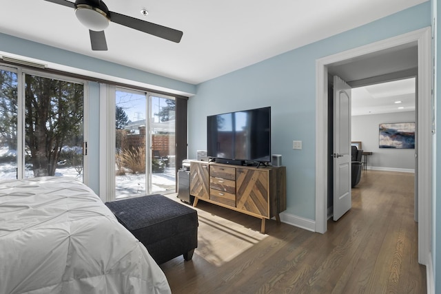 bedroom with access to exterior, dark wood-type flooring, a ceiling fan, and baseboards