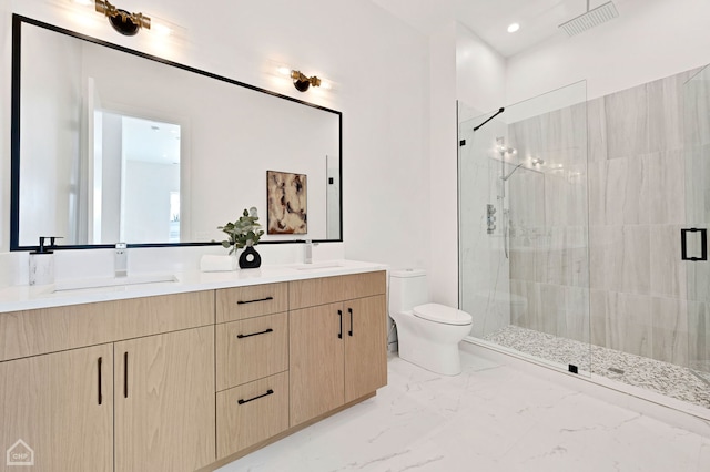 full bath with marble finish floor, double vanity, visible vents, a sink, and a shower stall