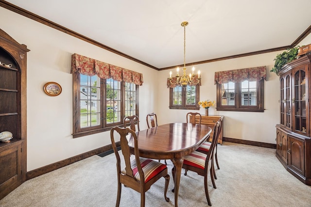 dining area with a notable chandelier, plenty of natural light, and light colored carpet